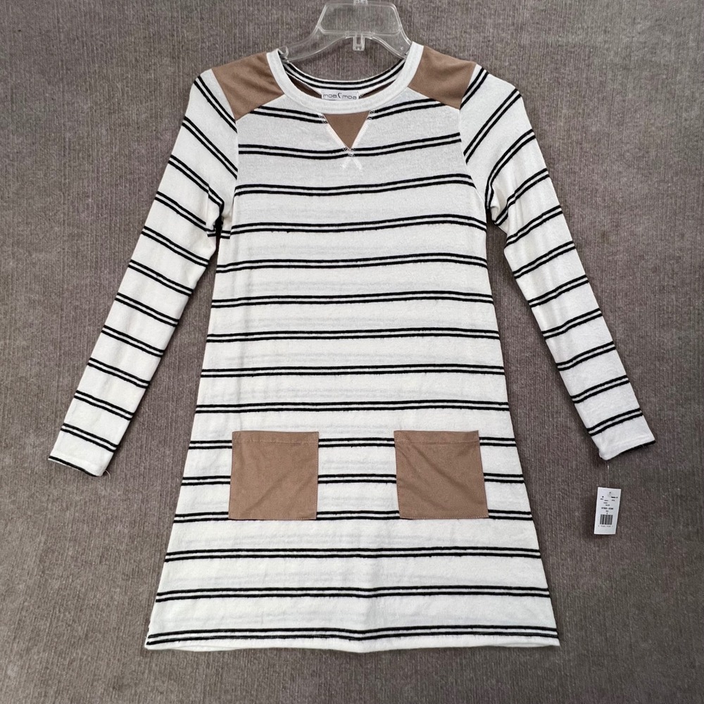 NWT Moa Moa Striped Dress Long Sleeve Mini Knit Ivory Black Colorblock Small